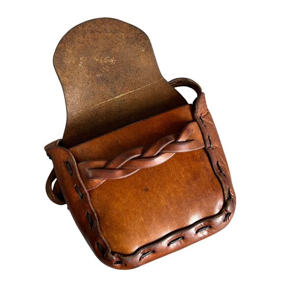 Vintage Brown Leather Shoulder Bag Braided Strap Boho Hippie - Picture 8 of 16